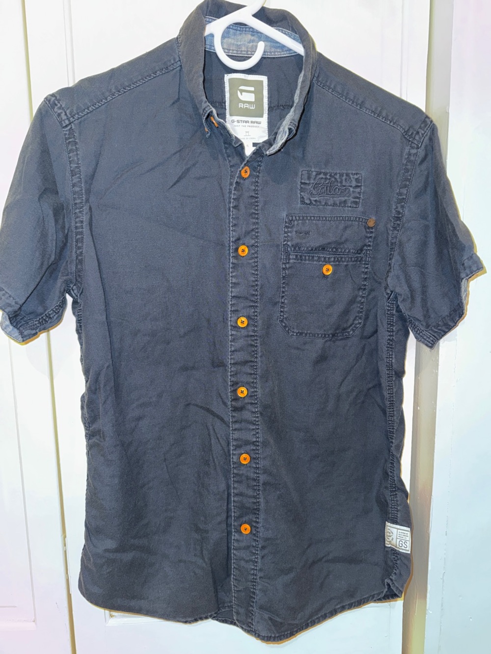 G-Star Short Sleeve Button-Up Shirt in Dark Navy with Orange Buttons